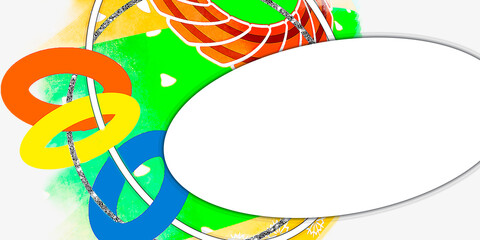 Postcards and banners. Digital sublimation illustration of multi-colored texture with circles and rings. Colorful bright drawing of a children's toy.Empty, template. Holidays, invitations, greetings.
