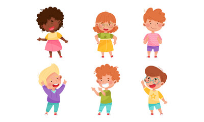 Kid Characters Pointing at Something with Their First Finger Vector Illustration Set