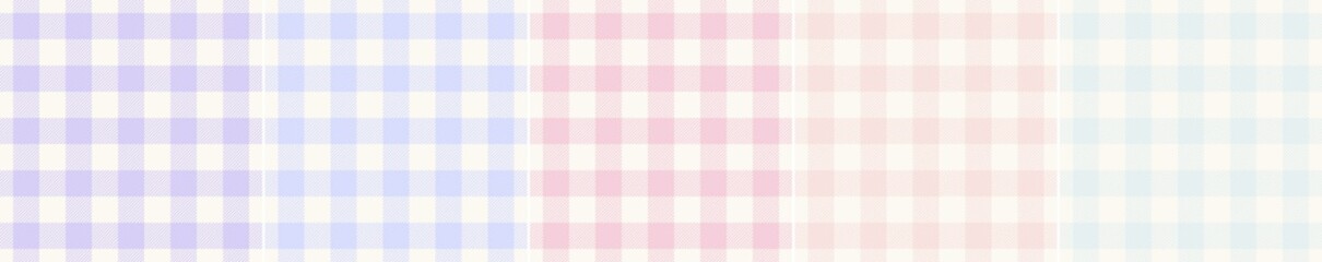 Pale vichy pattern set in blue, pink, purple, green, off white. Seamless light gingham checks for spring summer picnic blanket, oilcloth, gift paper, wallpaper, other modern fashion textile print.