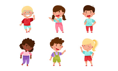 Kid Characters Pointing at Something with Their First Finger Vector Illustration Set