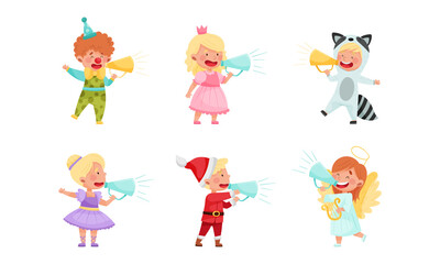 Fototapeta premium Kid Characters Wearing Fancy Dress or Costume Talking Megaphone or Loudspeaker Vector Illustration Set