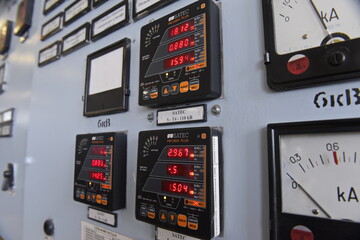 Almaty, Kazakhstan - 10.23.2015 : Meters, switches and pressure sensors on the control panel at the heating plant