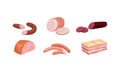 Meat Products with Salami, Bacon and Sausage Vector Set
