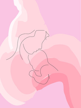 Vector outline image of mom and baby. Minimal. Ready-made poster for the family development center, leaflet for antenatal clinics, packaging for goods.