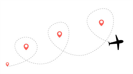 Airplane Four Destination Travel Concept with GPS icon on White Background