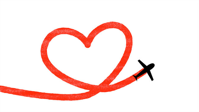 Airplane Flying on Love or Heart Path on White Background