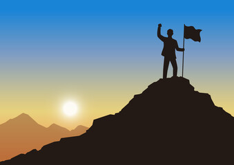 Silhouette businessman holding a flag on mountain peak, Evening sky background, Achievement leadership business concept of victory and success, Flat design vector illustration