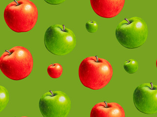 Red and green apple seamless pattern. Hand drawn texture with whole apples on light green background. Artistic natural food wallpaper