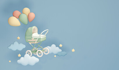 Stroller and floating balloons surrounded by clouds and stars on a pastel blue background. Trendy 3d render for social media banners, promotion, product show, studio. Children and baby concept.
