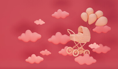 Stroller and floating balloons surrounded by clouds and stars on a pink background. Trendy 3d render for social media banners, promotion, product show, studio. Children and baby concept.

