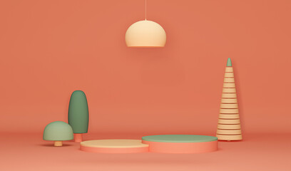 Minimal scene with podium and abstract background. Pastel coral and many colors scene. Trendy 3d render for social media banners, promotion, cosmetic product show. Geometric shapes interior.	