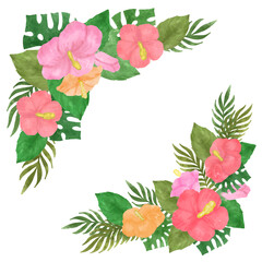 水彩ハイビスカスとボタニカルリーフのフレームイラストセット