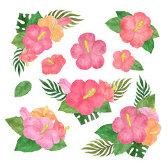水彩ハイビスカスとボタニカルリーフのトロピカルセット