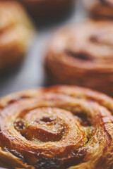 Freshly baked buns with cinnamon and spices. Close-up. Sweet baking concept