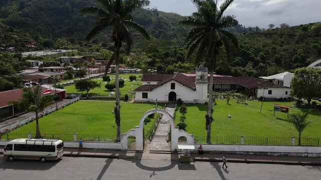 Beautiful cinematic aerial view of the Colonial Church of Orosi in Cartago
