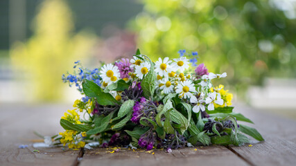 Wildkräuter und Heilpflanzen sammeln - Wildblumenstrauß auf einem Holzuntergrund in der Natur - Beinwell, Kamille, Ehrenpreis und Wiesen-Schaumkraut
