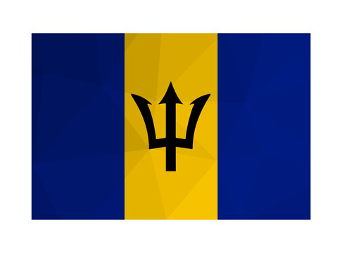 Vector illustration. National barbadian flag with black trident head, blue and yellow stripes. Official symbol of Barbados. Creative design in low poly style with triangular shapes. Gradient effect.