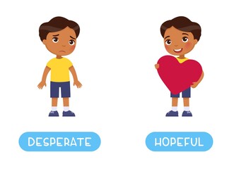 Desperate and hopeful antonyms word card, Opposites concept. Flashcard for English language learning.  Indian sad boy, dark skin child with heart in his hands