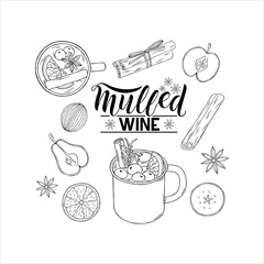 Sketch and lettering cup of mulled wine with set of spice and flavors. Hand drawn vector design elements for greeting cards, stickers, patterns, postcards, posters, banners and other templates.