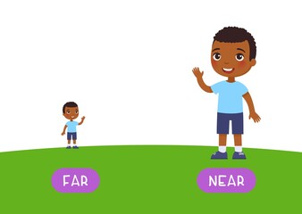 Far and near antonyms word card, Opposites concept. Flashcard for English language learning. Little African boy stands far on the horizon,  dark skin child is close