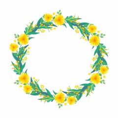 Yellow floral blank border for social media post, greeting card design.  Round empty frame with spring yellow flowers and green leaves. 