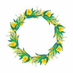 Fototapeta na wymiar Yellow floral blank border for social media post, greeting card design. Round empty frame with spring yellow flowers and green leaves. 