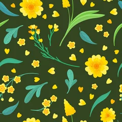 Tuinposter Yellow flowers and leaves seamless pattern. Blossoms floral decorative backdrop. Blooming spring plants. Vintage textile, fabric, wallpaper design on a dark background © Nizova Tina
