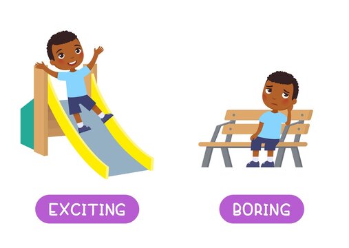 Excited and calm antonyms word card, Opposites concept. Flashcard for English language learning. Happy African little boy is sliding down the slide, dark skin child is sitting and bored on the bench