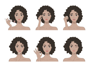 African American Woman Makes Up With Various Actions Set. Steps. Cosmetic. Beauty, Makeup. Healthy. Vector illustration