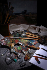 In the art workshop with accessories of the artist in the retro style