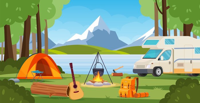 Summer camp in forest with bonfire, tent, backpack and lantern.