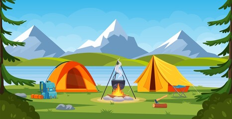 Summer camp in forest with bonfire, tent, backpack and lantern.