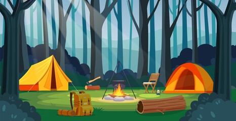 Summer camp in forest with bonfire, tent, backpack - obrazy, fototapety, plakaty