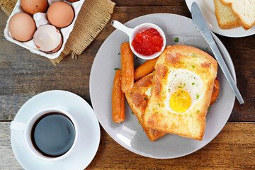 Homemade bread, bread, fried eggs and breakfast coffee