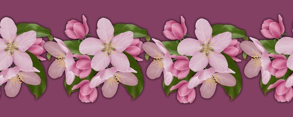 Fototapeta na wymiar Seamless border, pattern. Pink apple and cherry blossoms on a dark pink background