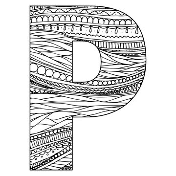 Zentangle stylized alphabet - letter P. vector illustration Black white hand drawn doodle, ethnic pattern