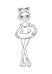 Cute Girl with a rubber ring. Coloring page. Cartoon design for printing t-shirts, badges, logos, labels or stickers. Vector illustration.