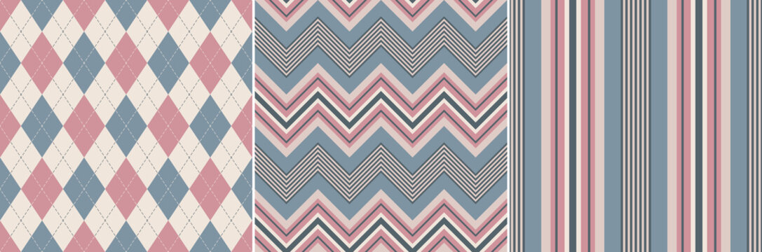 Pattern set in grey blue, pink, beige. Chevron, stripes, argyle vector graphics for dress, skirt, top, socks, jumper, notebook cover, other modern spring summer fashion or home fabric or paper design.