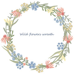 Fototapeta na wymiar Herbal round frame or wreath decorated with wild or meadow flowers. Summer floral design. Great for greeting card, posters, blog decorating. Hand drawn vector illustration isolated on white.