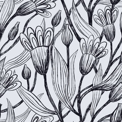 Black ink floral pattern on light gray background. Beautiful textile print. Hand drawn monochrome illustration. Great for fabrics, wallpapers, covers.