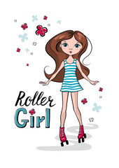 Cute girl is rollerblading. Clip Art. Cartoon design for printing t-shirts, badges, logos, labels or stickers. Vector illustration.