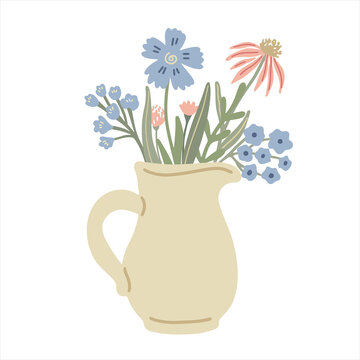 Poster with a pitcher and wildflowers. Vector hand drawn illustration isolated on white. Great for posters, packages, kitchen and t-shirt decorating.