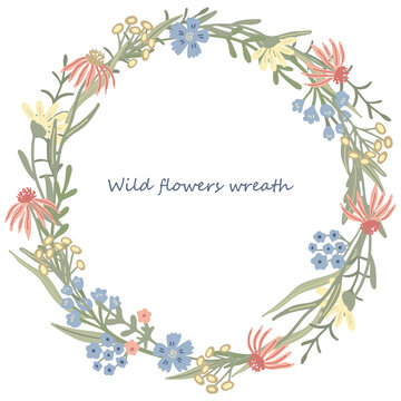 Herbal round frame or wreath decorated with wild or meadow flowers. Summer floral design. Great for greeting card, posters, blog decorating. Hand drawn vector illustration isolated on white. © Anna Druzhkova