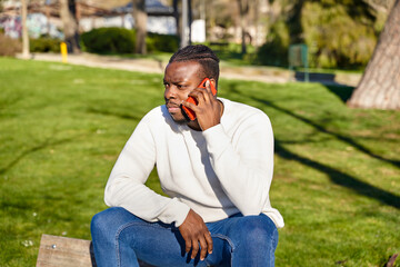 Young African American man talking on cell phone in a park. Black man with braids in his hair. 