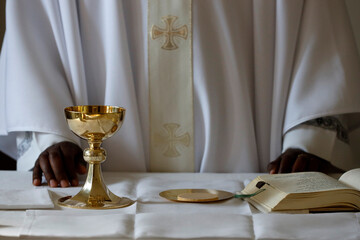 Coronavirus epidemic (covod-19). Celebration of Sunday Mass in a chapel of Saint Joseph des Fins...