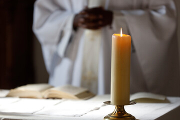 Coronavirus epidemic (covod-19). Celebration of Sunday Mass in a chapel of Saint Joseph des Fins...