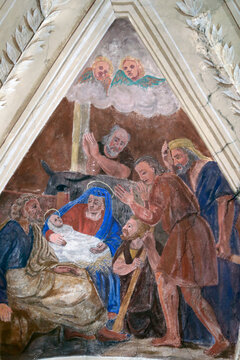 Church of St. John the Baptist. Mural. Nativity. Adoration of the shepherds. Megeve. France.