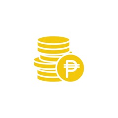 Stack of golden peso coins. Flat gold icon. Isolated on white. - obrazy, fototapety, plakaty