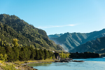 Beautiful view of the river. Russia, Altai mountain landscape and forest