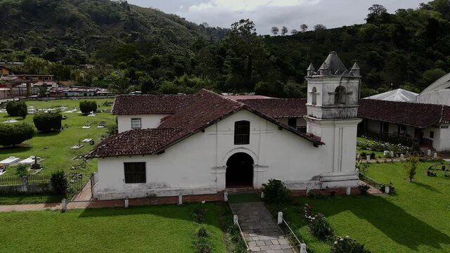 Beautiful cinematic aerial view of the Colonial Church of Orosi in Cartago